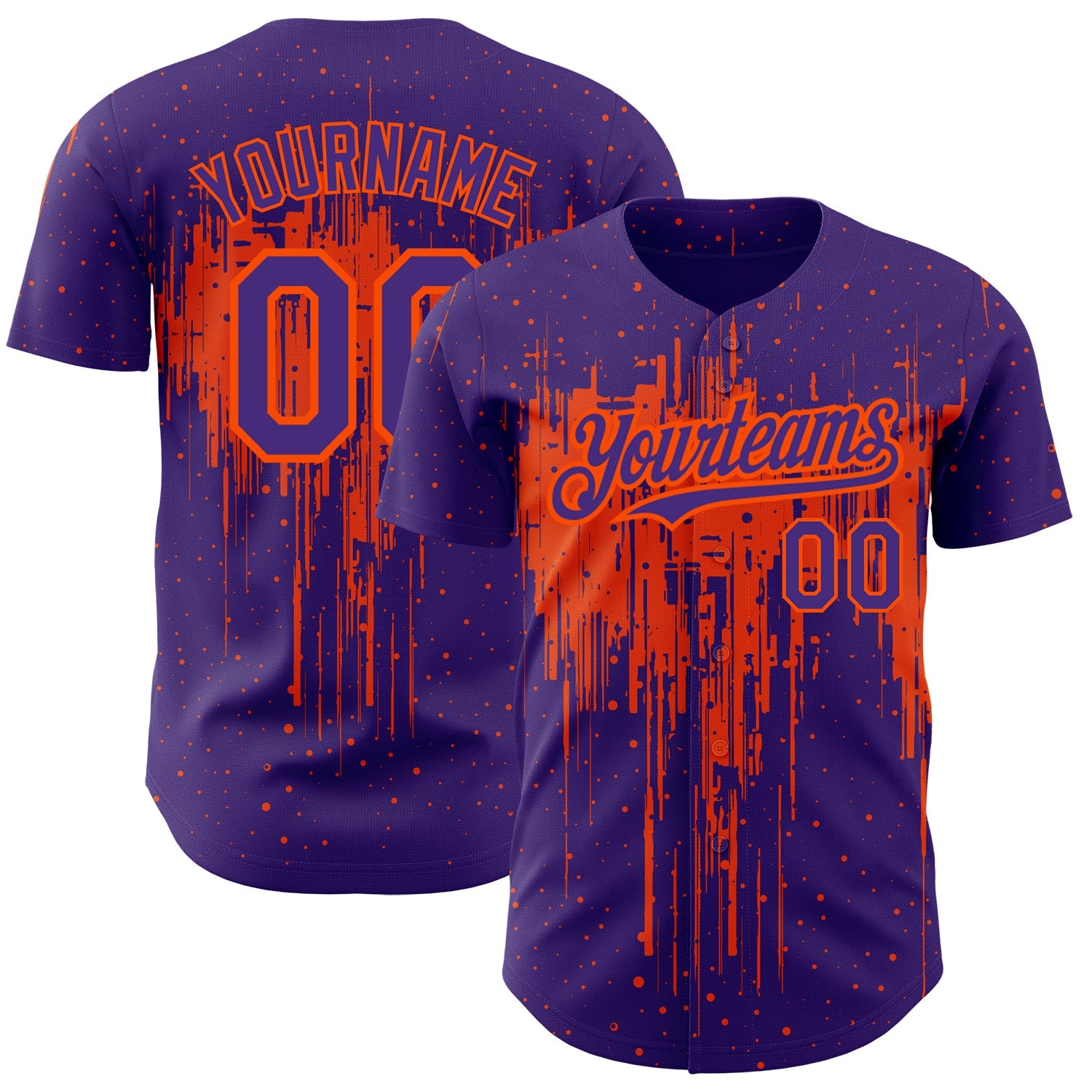 Custom Purple Orange 3D Pattern Design Dripping Splatter Art Authentic Baseball Jersey - Main View