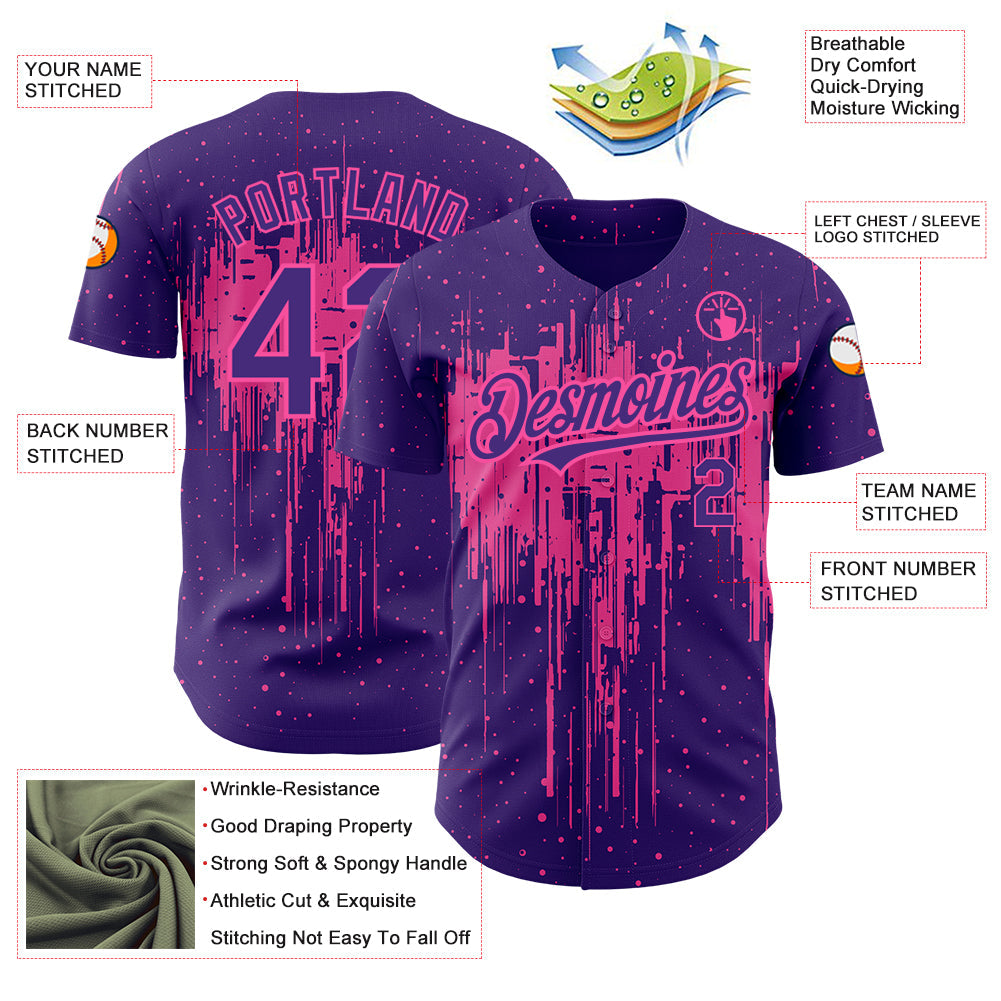 Custom Purple Pink 3D Pattern Design Dripping Splatter Art Authentic Baseball Jersey view 3