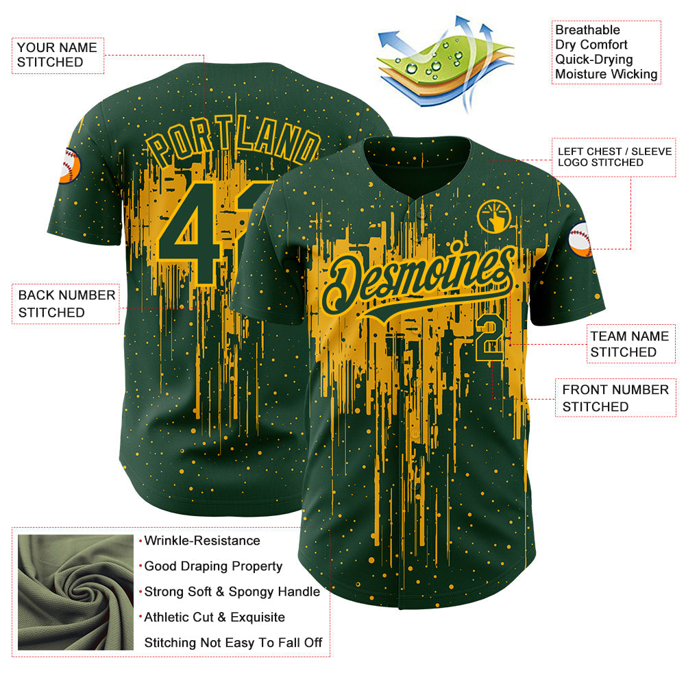 Custom Green Gold 3D Pattern Design Dripping Splatter Art Authentic Baseball Jersey view 3