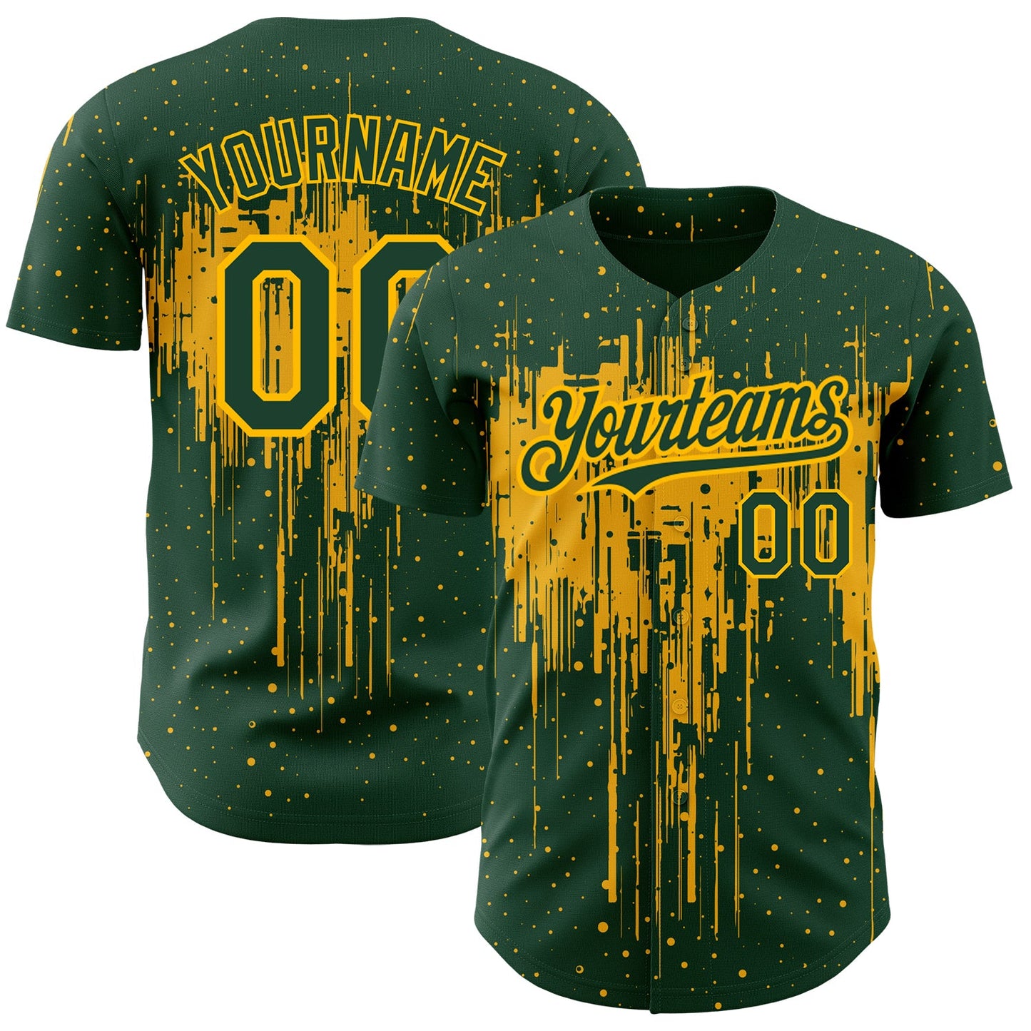 Custom Green Gold 3D Pattern Design Dripping Splatter Art Authentic Baseball Jersey - Main View