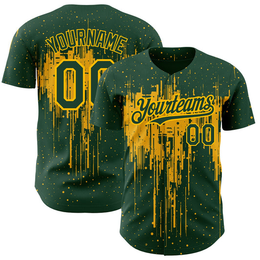 Custom Green Gold 3D Pattern Design Dripping Splatter Art Authentic Baseball Jersey - Main View