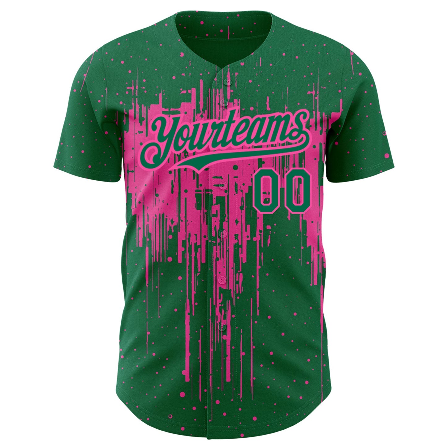 Custom Kelly Green Pink 3D Pattern Design Dripping Splatter Art Authentic Baseball Jersey view 2