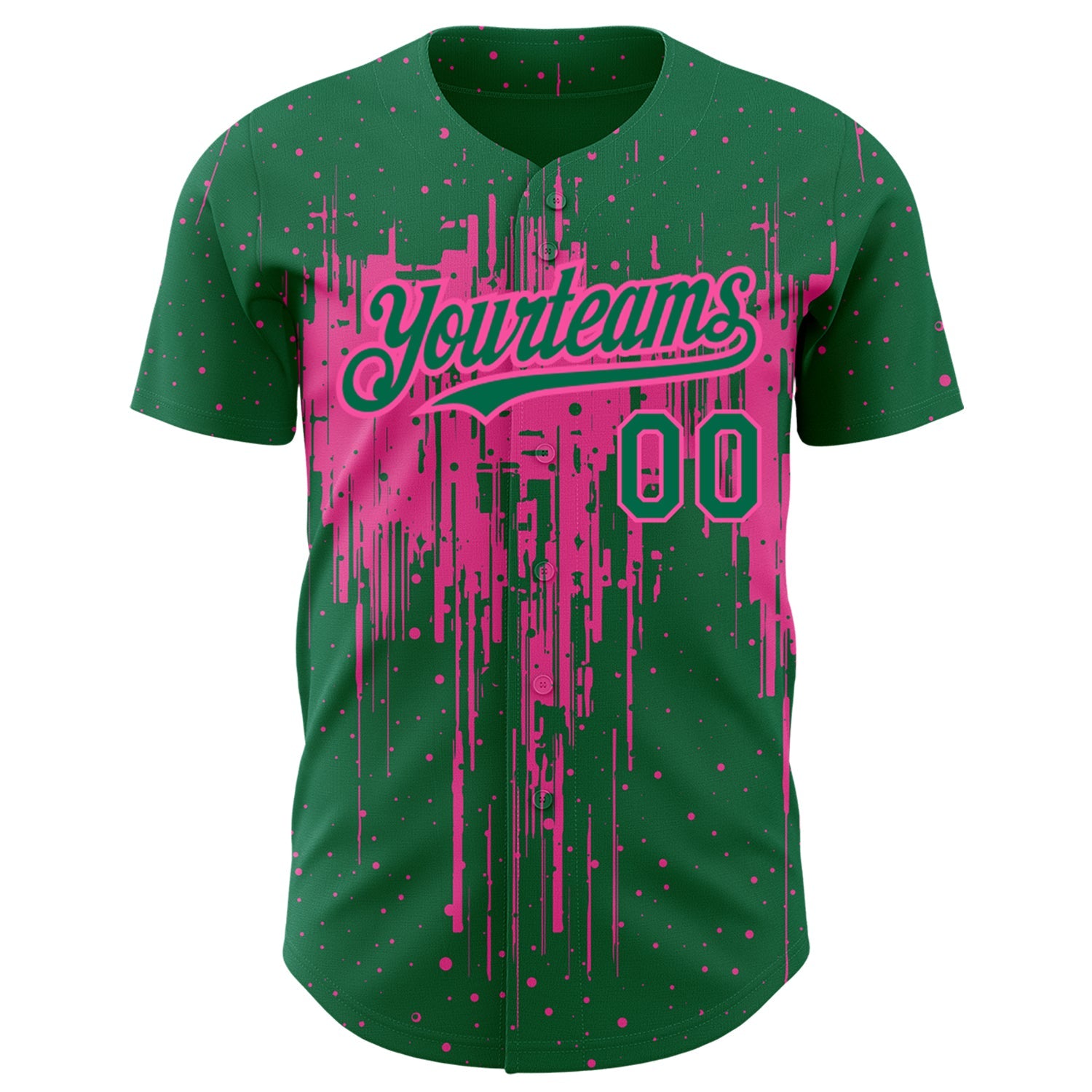 Custom Kelly Green Pink 3D Pattern Design Dripping Splatter Art Authentic Baseball Jersey view 2