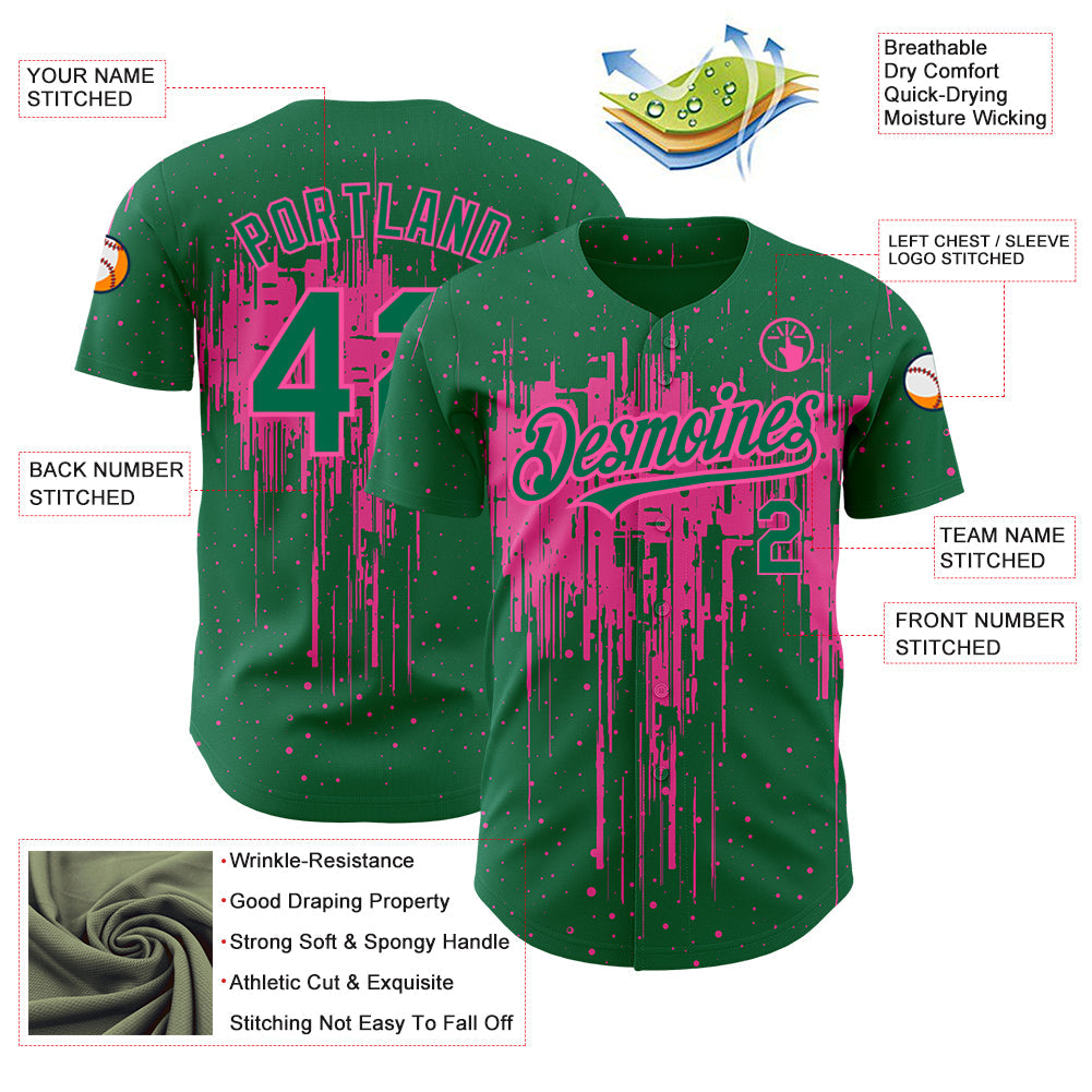Custom Kelly Green Pink 3D Pattern Design Dripping Splatter Art Authentic Baseball Jersey view 3