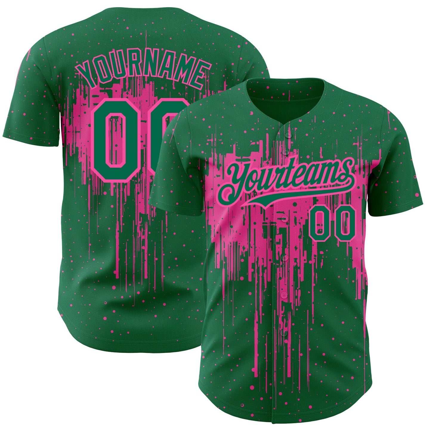 Custom Kelly Green Pink 3D Pattern Design Dripping Splatter Art Authentic Baseball Jersey - Main View