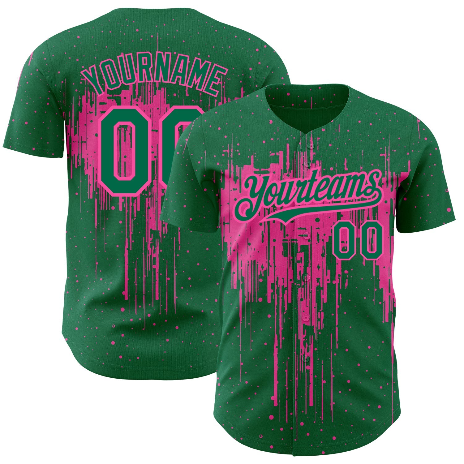 Custom Kelly Green Pink 3D Pattern Design Dripping Splatter Art Authentic Baseball Jersey - Main View