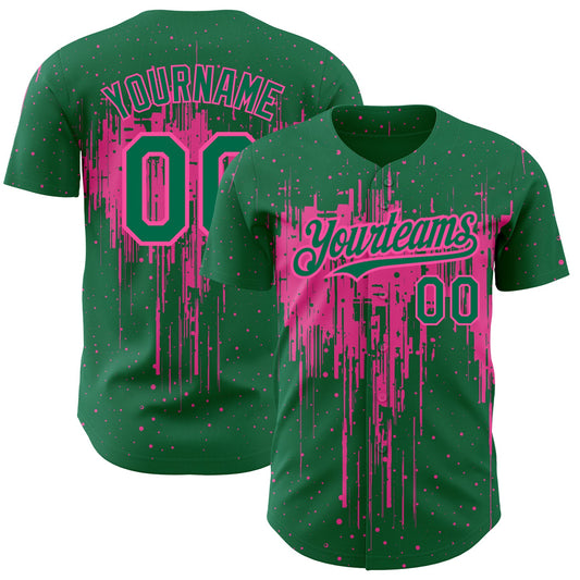 Custom Kelly Green Pink 3D Pattern Design Dripping Splatter Art Authentic Baseball Jersey - Main View