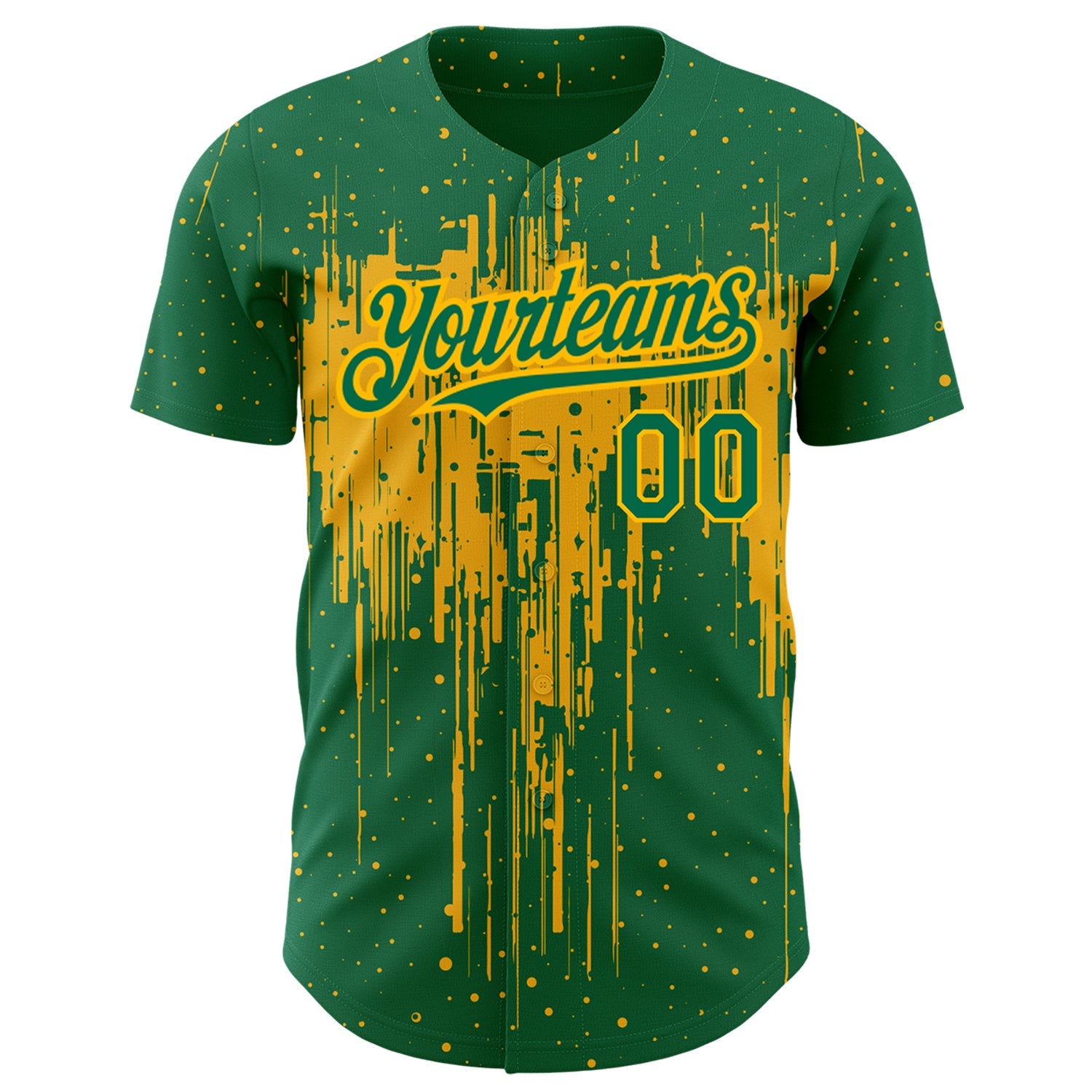 Custom Kelly Green Gold 3D Pattern Design Dripping Splatter Art Authentic Baseball Jersey view 2