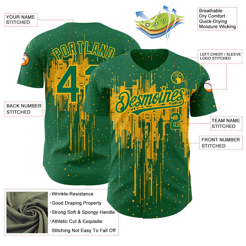 Custom Kelly Green Gold 3D Pattern Design Dripping Splatter Art Authentic Baseball Jersey view 3