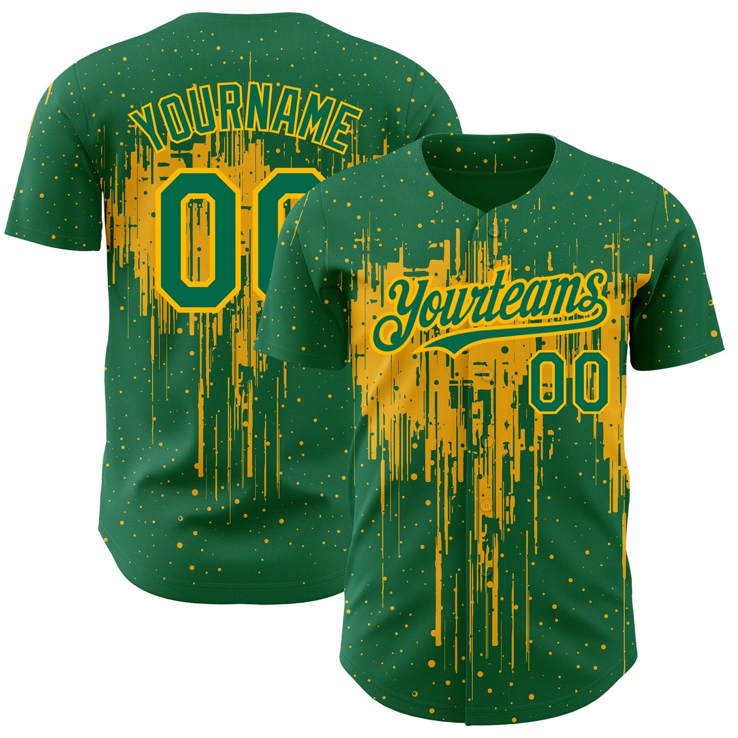 Custom Kelly Green Gold 3D Pattern Design Dripping Splatter Art Authentic Baseball Jersey - Main View