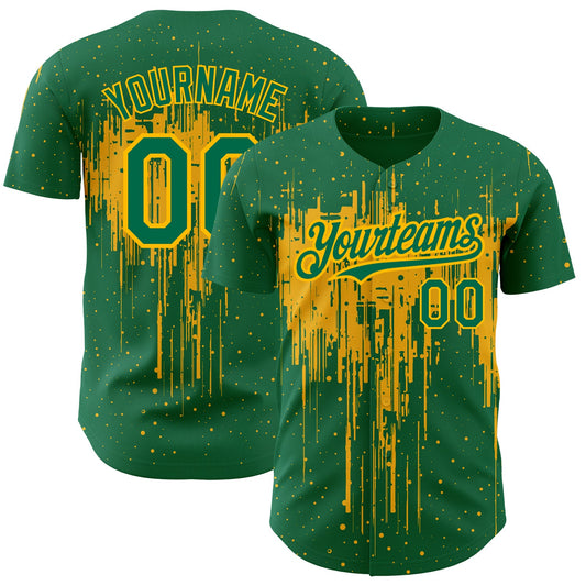 Custom Kelly Green Gold 3D Pattern Design Dripping Splatter Art Authentic Baseball Jersey - Main View