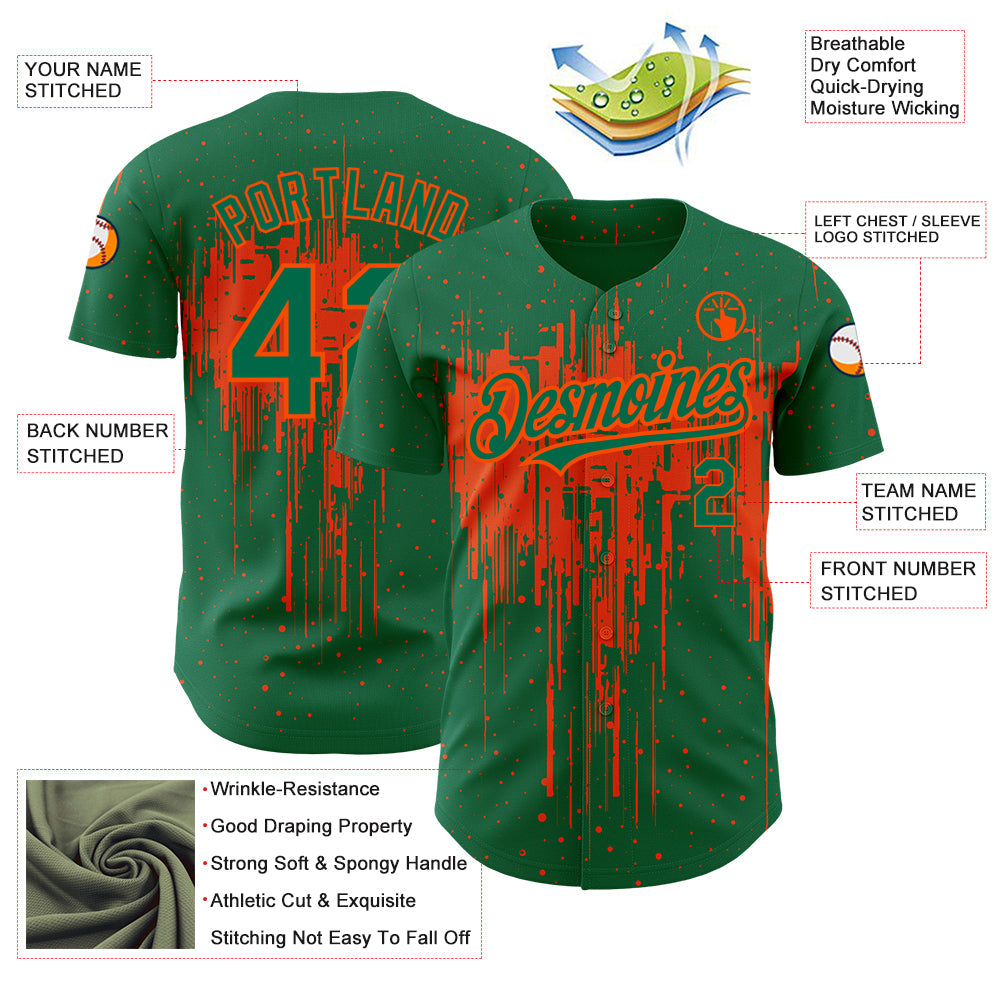Custom Kelly Green Orange 3D Pattern Design Dripping Splatter Art Authentic Baseball Jersey view 3