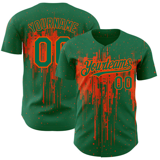 Custom Kelly Green Orange 3D Pattern Design Dripping Splatter Art Authentic Baseball Jersey - Main View