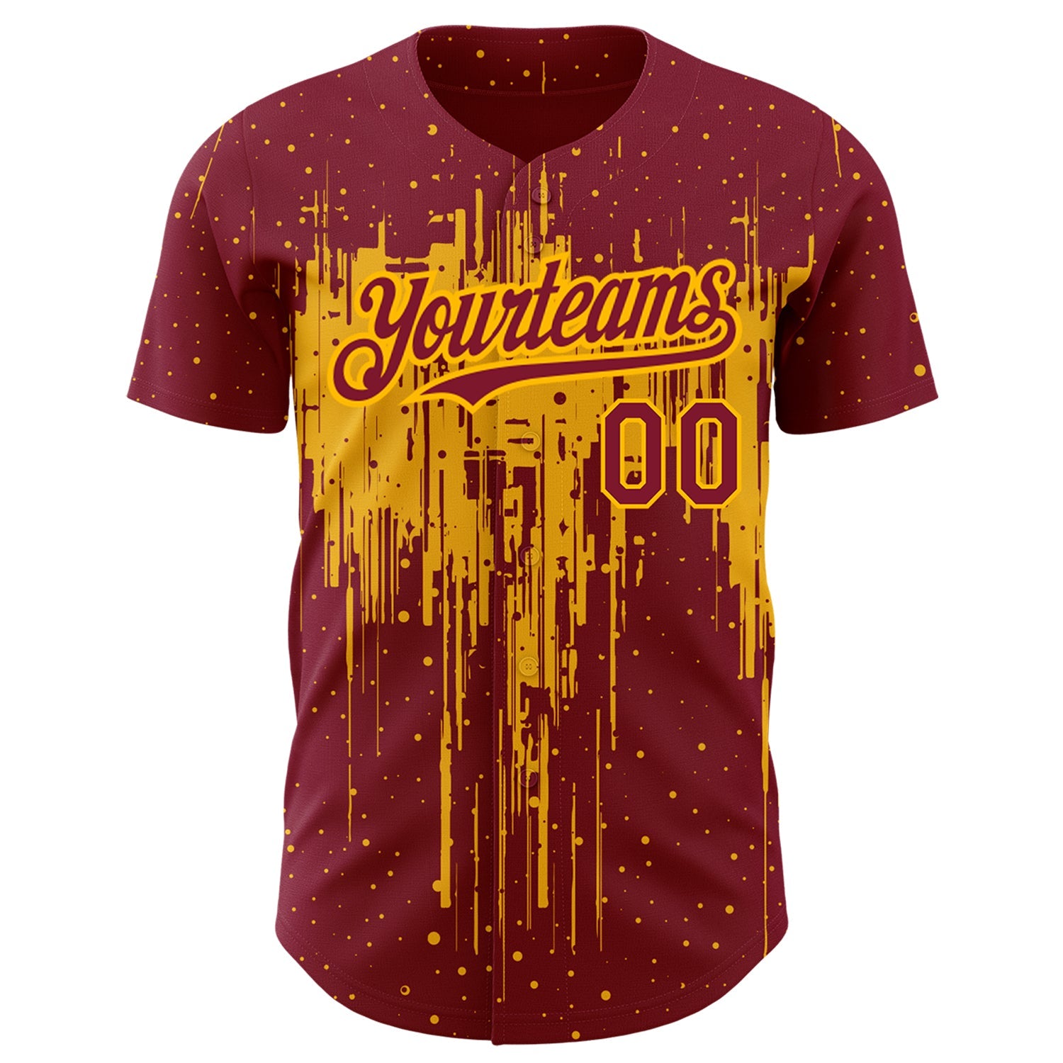 Custom Crimson Gold 3D Pattern Design Dripping Splatter Art Authentic Baseball Jersey view 2
