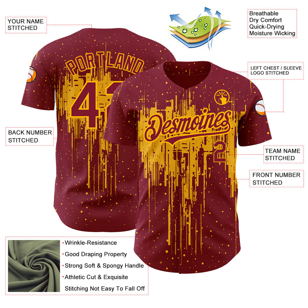 Custom Crimson Gold 3D Pattern Design Dripping Splatter Art Authentic Baseball Jersey view 3
