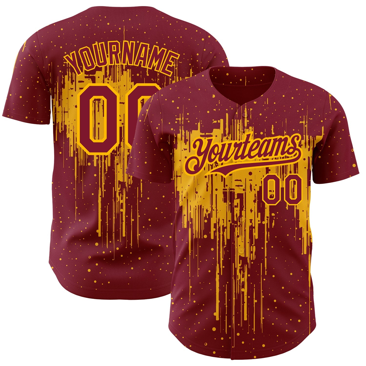 Custom Crimson Gold 3D Pattern Design Dripping Splatter Art Authentic Baseball Jersey - Main View