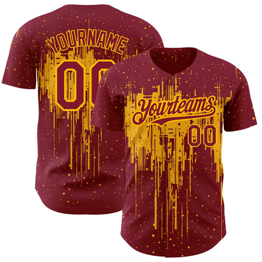 Custom Crimson Gold 3D Pattern Design Dripping Splatter Art Authentic Baseball Jersey - Main View
