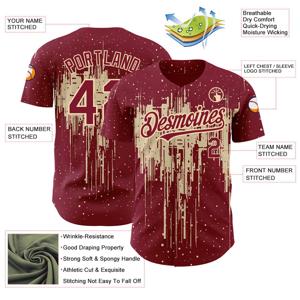 Custom Crimson City Cream 3D Pattern Design Dripping Splatter Art Authentic Baseball Jersey view 3