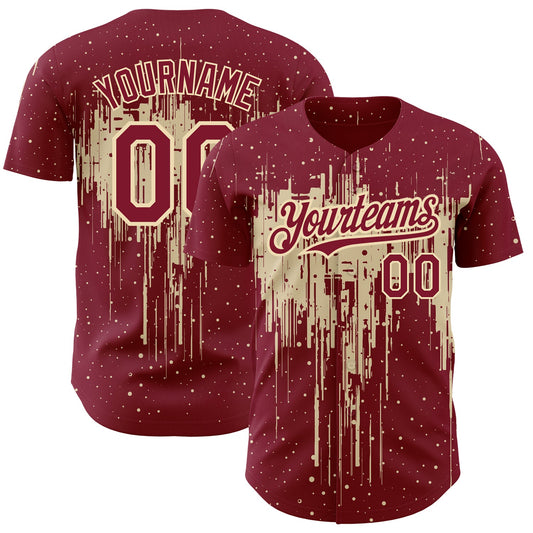 Custom Crimson City Cream 3D Pattern Design Dripping Splatter Art Authentic Baseball Jersey - Main View