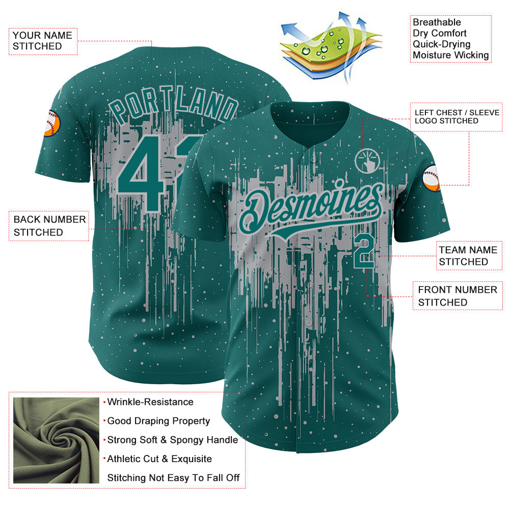 Custom Teal Gray 3D Pattern Design Dripping Splatter Art Authentic Baseball Jersey view 3