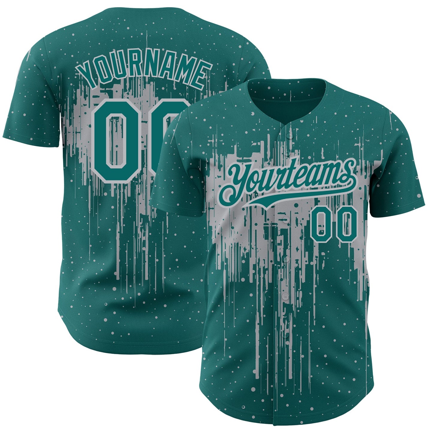 Custom Teal Gray 3D Pattern Design Dripping Splatter Art Authentic Baseball Jersey - Main View