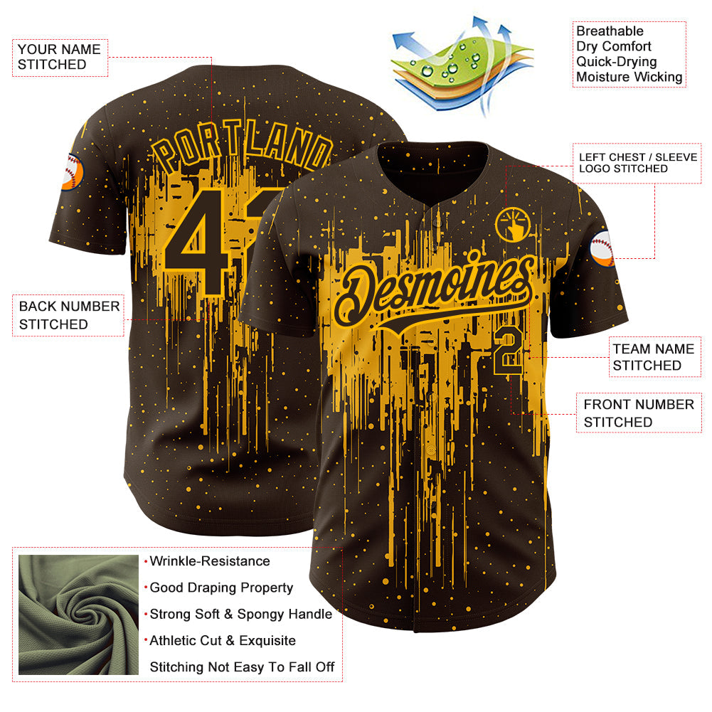 Custom Brown Gold 3D Pattern Design Dripping Splatter Art Authentic Baseball Jersey view 3