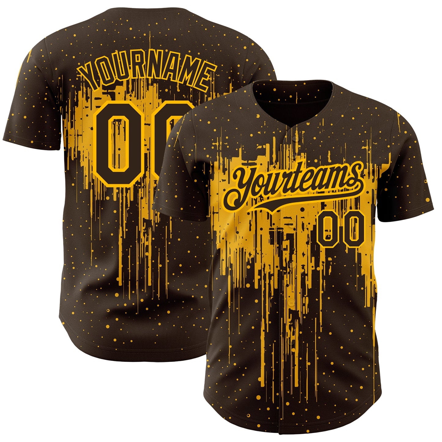 Custom Brown Gold 3D Pattern Design Dripping Splatter Art Authentic Baseball Jersey - Main View