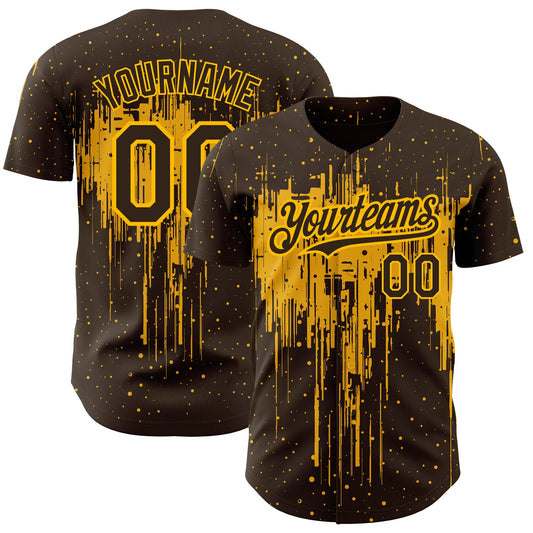 Custom Brown Gold 3D Pattern Design Dripping Splatter Art Authentic Baseball Jersey - Main View