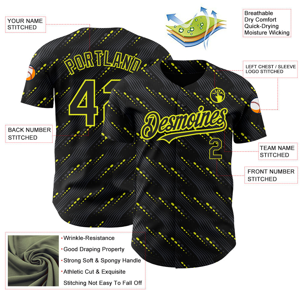 Custom Black Neon Yellow 3D Pattern Design Slant Lines Authentic Baseball Jersey view 3