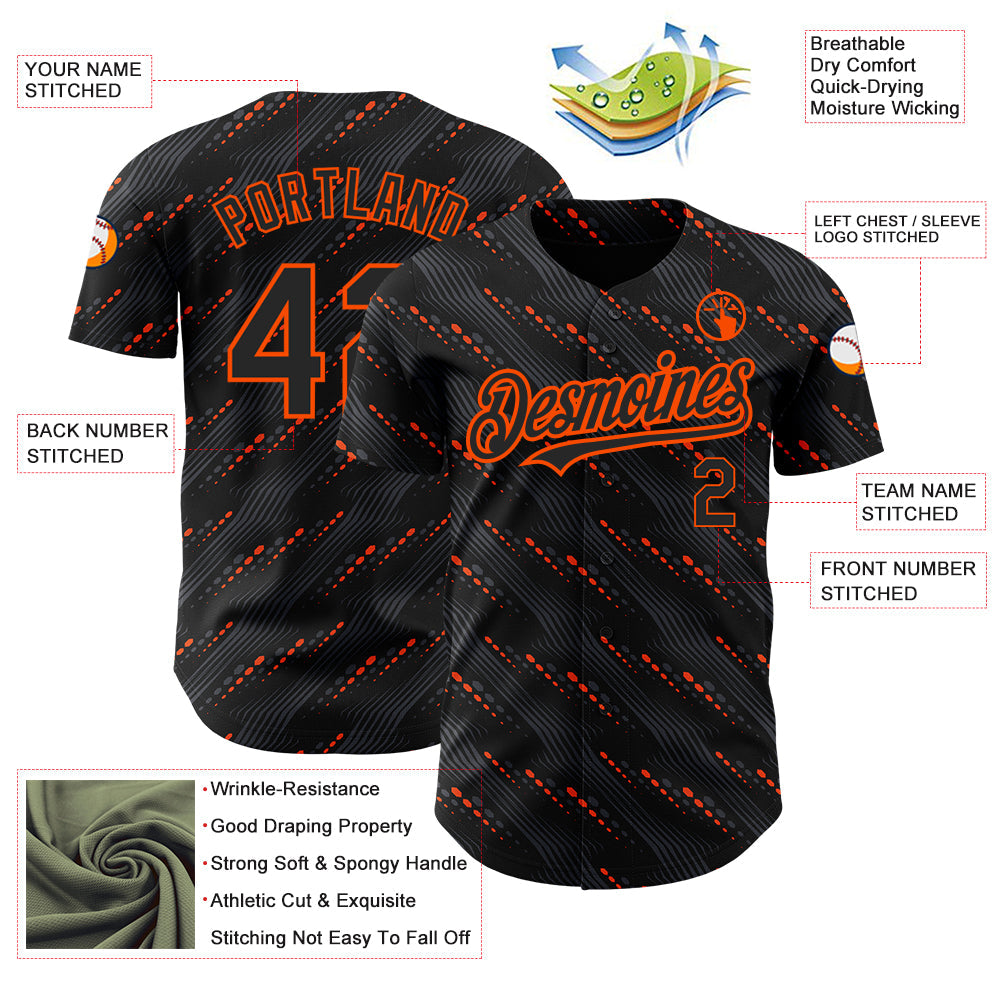 Custom Black Orange 3D Pattern Design Slant Lines Authentic Baseball Jersey view 3