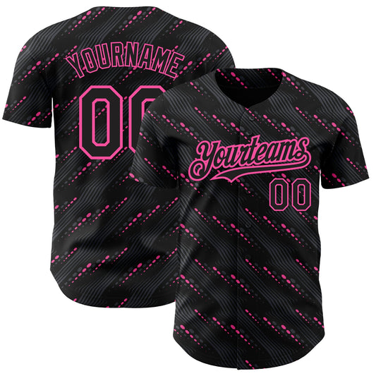 Custom Black Pink 3D Pattern Design Slant Lines Authentic Baseball Jersey - Main View