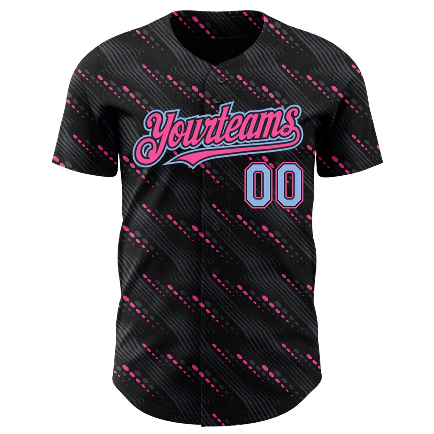 Custom Black Light Blue-Pink 3D Pattern Design Slant Lines Authentic Baseball Jersey view 2