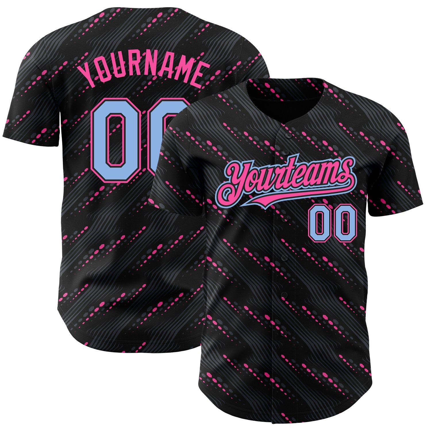 Custom Black Light Blue-Pink 3D Pattern Design Slant Lines Authentic Baseball Jersey - Main View