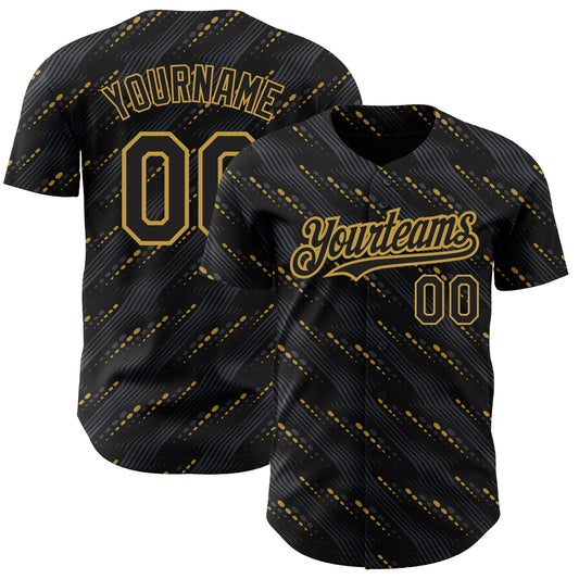 Custom Black Old Gold 3D Pattern Design Slant Lines Authentic Baseball Jersey - Main View
