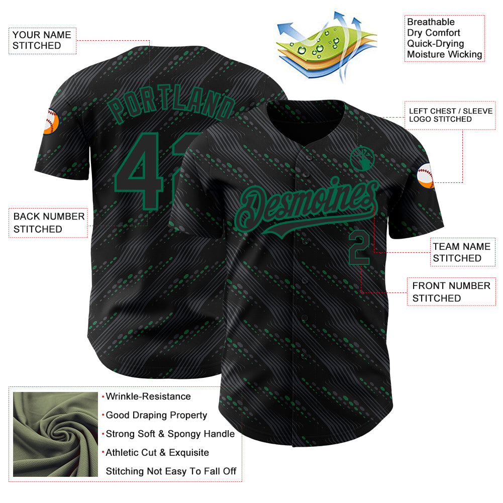 Custom Black Kelly Green 3D Pattern Design Slant Lines Authentic Baseball Jersey view 3