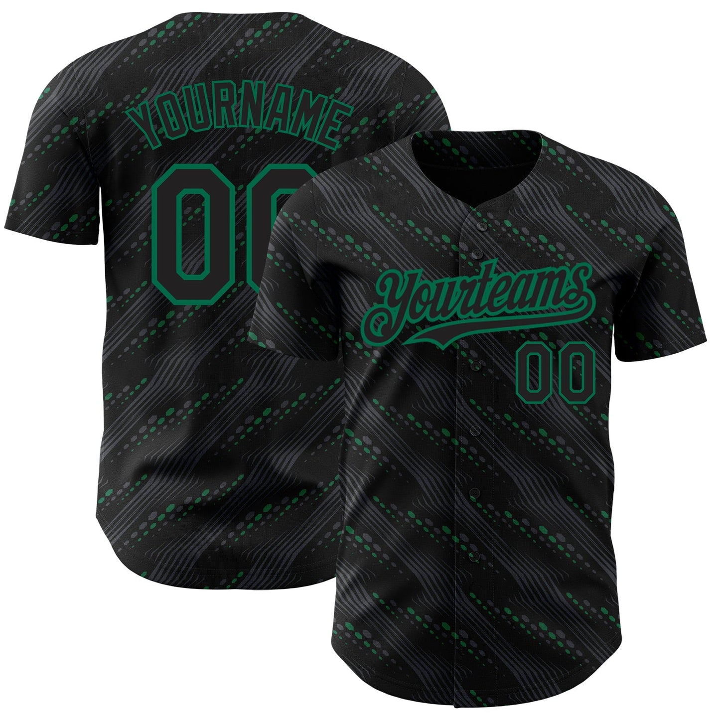 Custom Black Kelly Green 3D Pattern Design Slant Lines Authentic Baseball Jersey - Main View