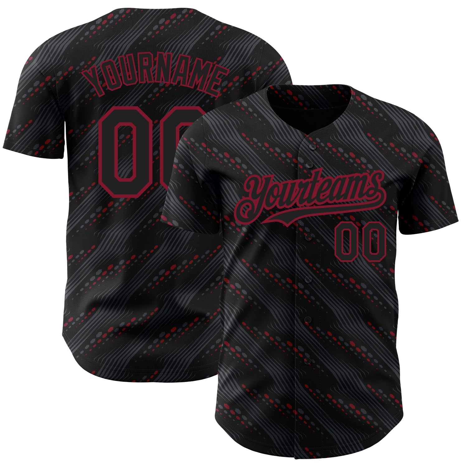 Custom Black Crimson 3D Pattern Design Slant Lines Authentic Baseball Jersey - Main View