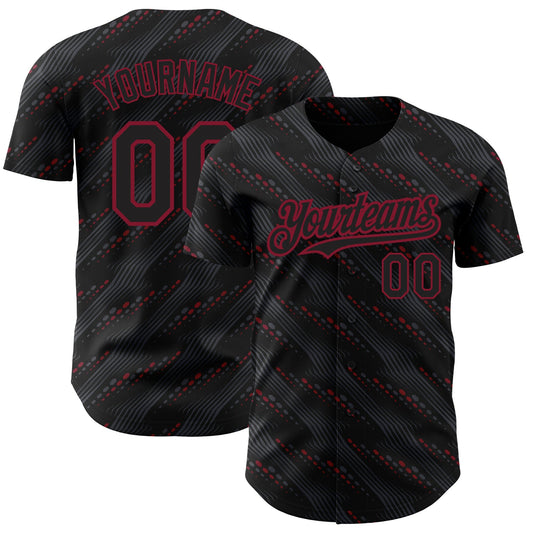 Custom Black Crimson 3D Pattern Design Slant Lines Authentic Baseball Jersey - Main View