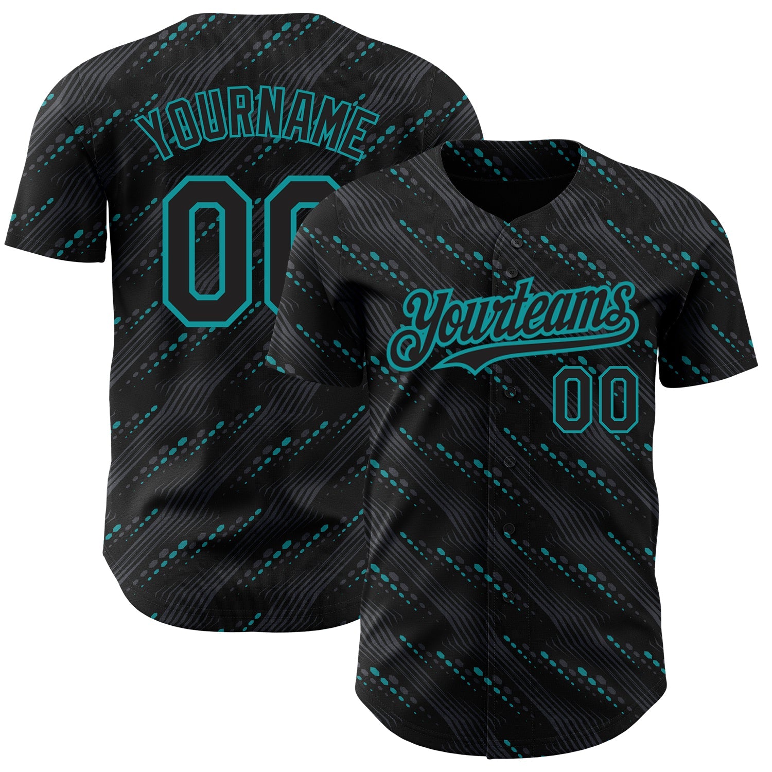 Custom Black Teal 3D Pattern Design Slant Lines Authentic Baseball Jersey - Main View