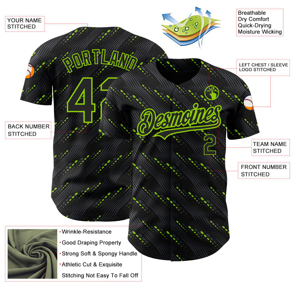 Custom Black Neon Green 3D Pattern Design Slant Lines Authentic Baseball Jersey view 3