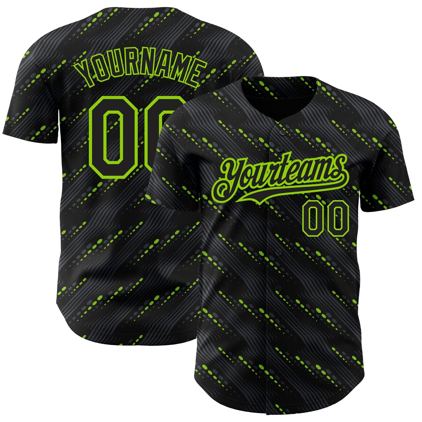 Custom Black Neon Green 3D Pattern Design Slant Lines Authentic Baseball Jersey - Main View