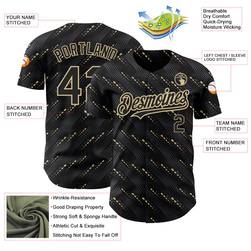 Custom Black Vegas Gold 3D Pattern Design Slant Lines Authentic Baseball Jersey view 3