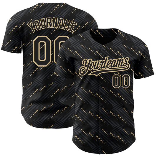 Custom Black Vegas Gold 3D Pattern Design Slant Lines Authentic Baseball Jersey - Main View