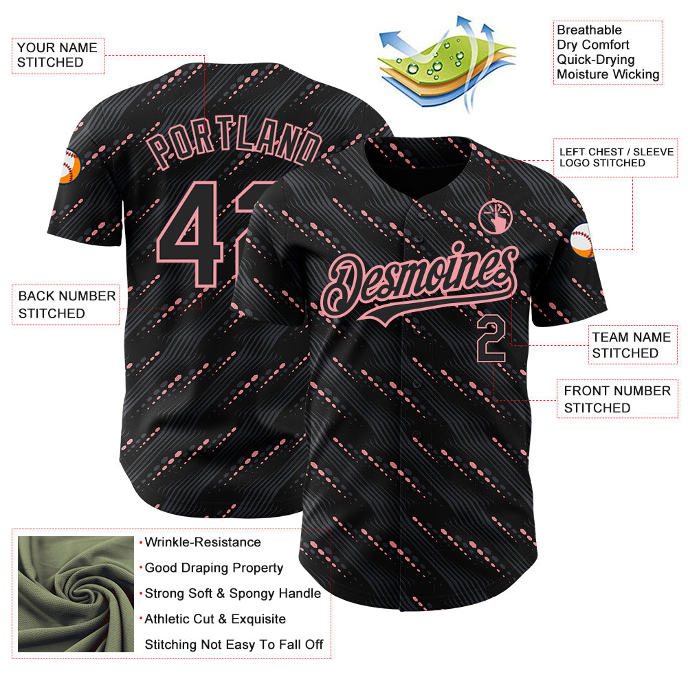 Custom Black Medium Pink 3D Pattern Design Slant Lines Authentic Baseball Jersey view 3