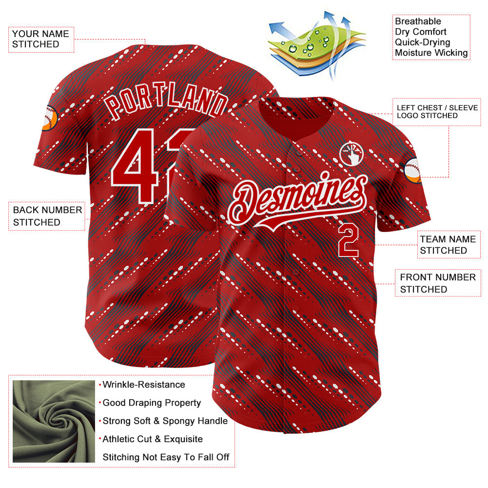 Custom Red White 3D Pattern Design Slant Lines Authentic Baseball Jersey view 3