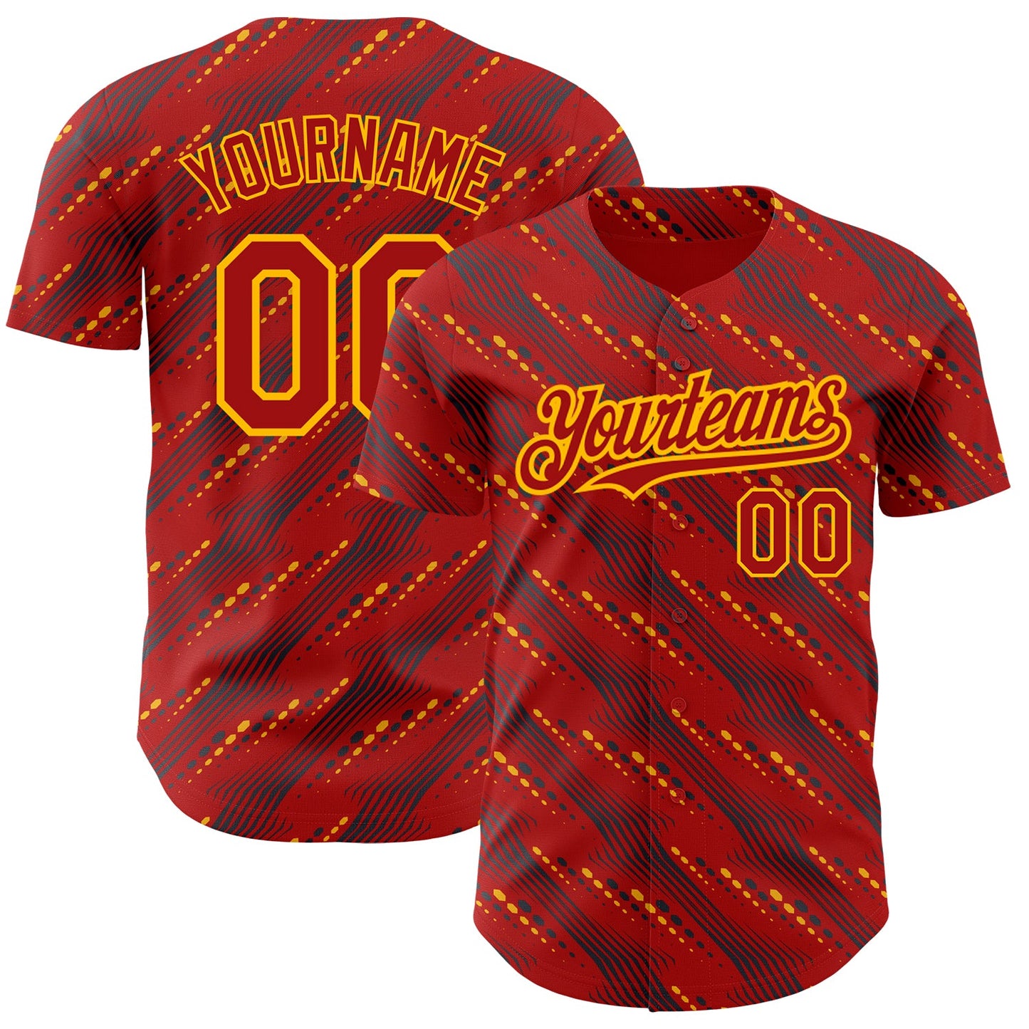 Custom Red Gold 3D Pattern Design Slant Lines Authentic Baseball Jersey - Main View