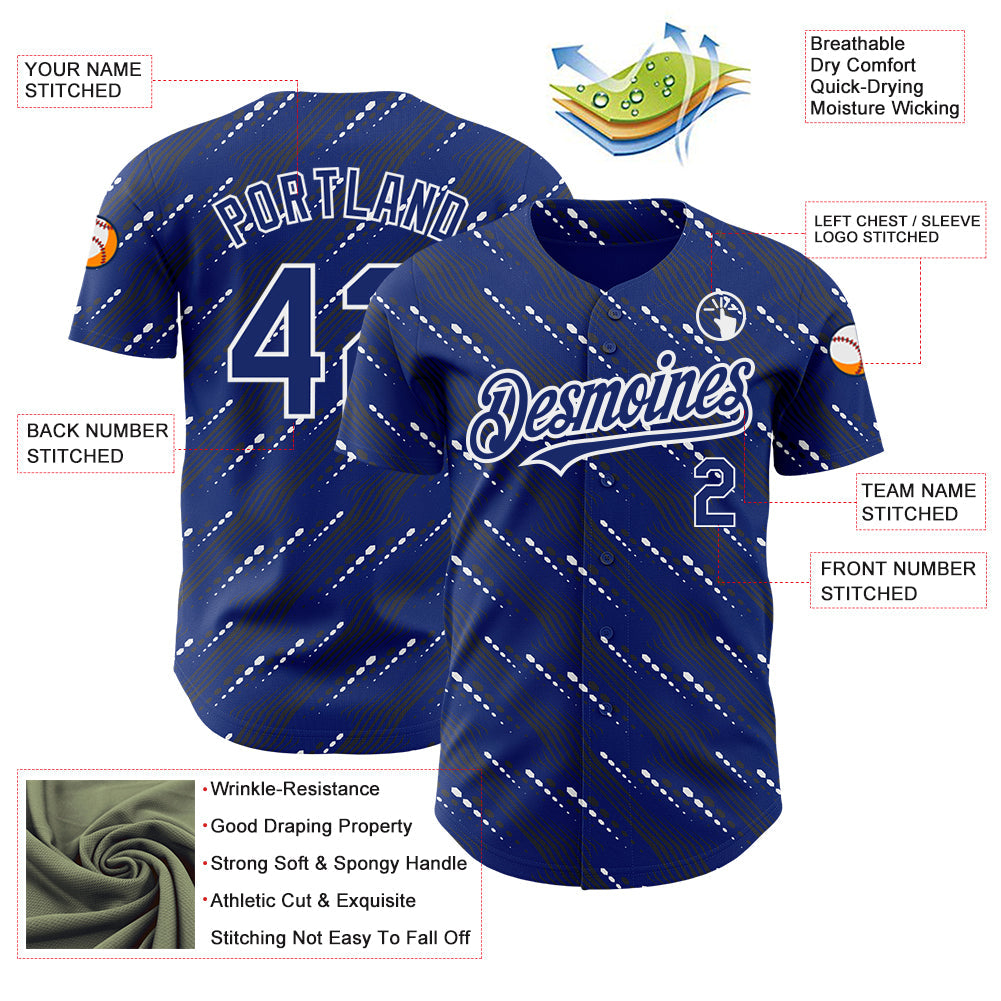 Custom Royal White 3D Pattern Design Slant Lines Authentic Baseball Jersey view 3