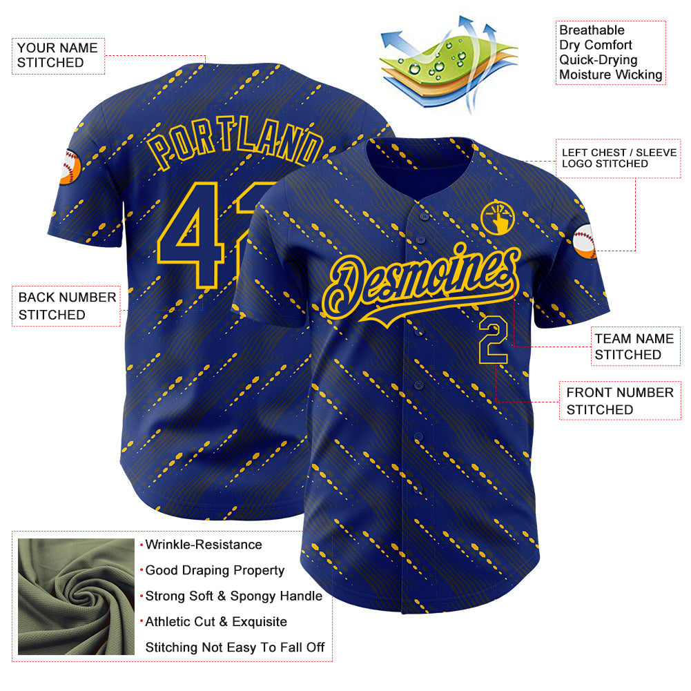 Custom Royal Yellow 3D Pattern Design Slant Lines Authentic Baseball Jersey view 3