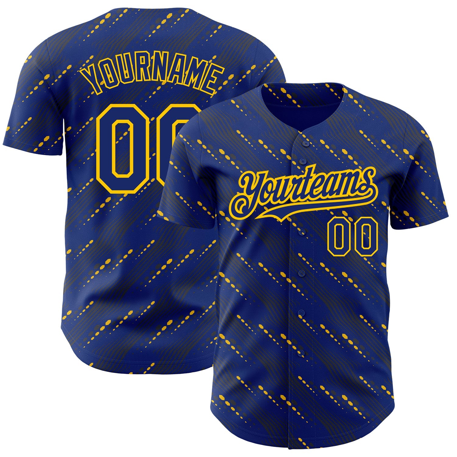 Custom Royal Yellow 3D Pattern Design Slant Lines Authentic Baseball Jersey - Main View