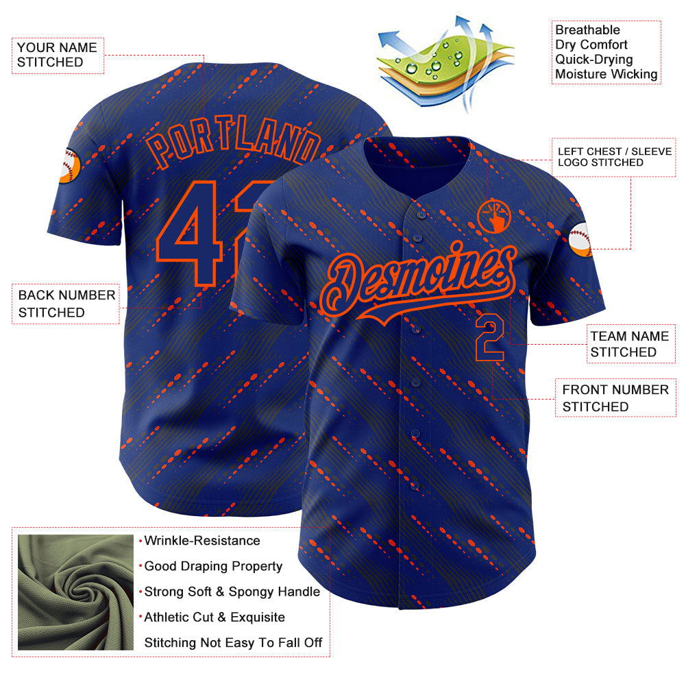 Custom Royal Orange 3D Pattern Design Slant Lines Authentic Baseball Jersey view 3